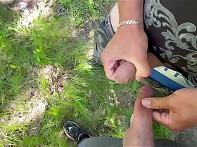 Two straight guys jerk off each other's big swollen cocks be beneficial to the first time in public in the park!