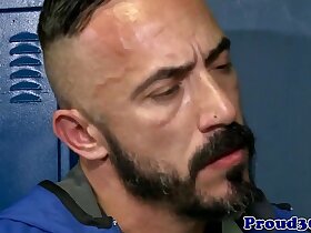 Athletic gay coach jizzes on young sportsman