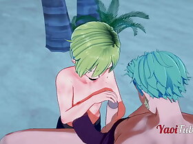 One Piece Yaoi - Zoro x Sanji Handjob and Blowjob here a beach - anime Manga Gay